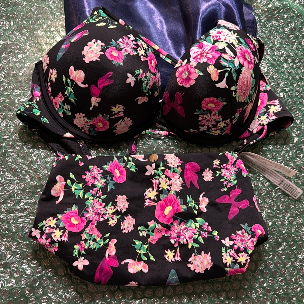 Victoria's Secret Set Bombshell Swim Bikini Bra/Bottom black floral size L 36B - Picture 15 of 15